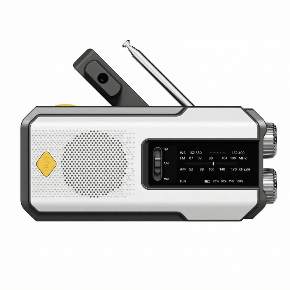 Compact Emergency Radio with Solar, Hand Crank & SOS Function